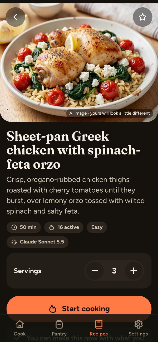Stovebird showing a recipe: sheet-pan Greek chicken with spinach-feta orzo